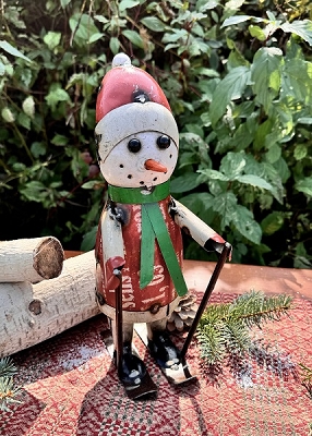 Stewert Snowman on Skiis Recycled Metal Art 5.5